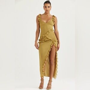 House of CB “Pixie” Olive Green Ruffed Maxi Dress